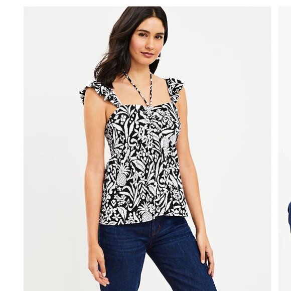 New LOFT Black & White Pineapple Ruffle Tie Neck Halter Top Sleeveless Blouse M - Picture 7 of 9